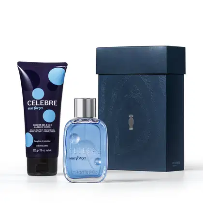 Kit de item de perfumaria da marca Celebre, composto por frasco de fragrância azul claro e bisnaga de gel de banho em embalagem com bolinhas azuis e pretas, apresentados em caixa preta com textura marcada.
