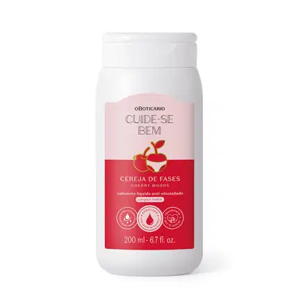 Imagemde frasco branco com rótulo rosa e vermelho da marca Cuide-se Bem Cereja de Fases, contendo sabonete líquido anti-oleosidade com aroma de cereja, para corpo e rosto.