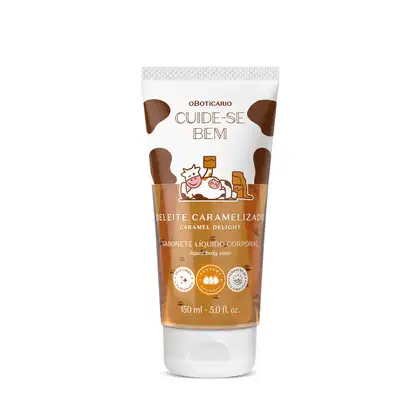 Embalagem de sabonete líquido da marca Cuide-se Bem Deleite Caramelizado. O recipiente é branco com tons de marrom, detalhes em preto e rótulo com ilustração de vaca.