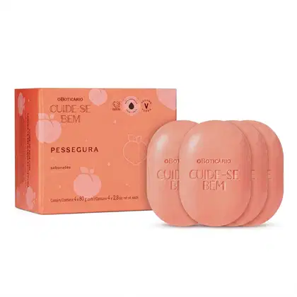 Caixa laranja contendo 4 sabonetes em formato oval da marca Oboticário, com a inscrição "Cuide-se bem" e o nome do produto "Pessegura" em destaque.