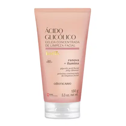 Bisnaga de gel de limpeza facial concentrado com ácido glicólico da marca Botik, em tons de rosa, com rótulo destacando "Renova + Ilumina" e "Geleia Concentrada de Limpeza Facial".