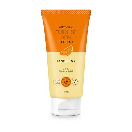 Imagem do frasco de gel de limpeza facial da marca Cuide-se Bem, com embalagem laranja e amarela, rótulo com texto "Tangerina" e informações sobre o produto em letras pretas. Ele contém 150g.