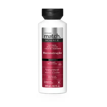Frasco branco de shampoo da marca Match Science, com tampa preta e rótulo vermelho destacando "Reconstrução" e informações sobre peptídeos inteligentes e óleo de amaranto.