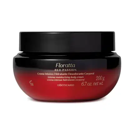 Imagem de um pote preto e vermelho de creme hidratante corporal da marca Floratta, com texto dourado "Red Passion", apresentando informações sobre o produto. A embalagem contém 200g.