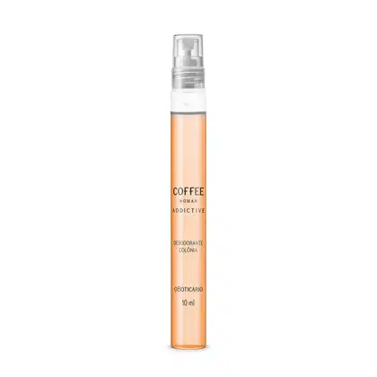 Imagem de um frasco cilíndrico transparente contendo o desodorante colônia Coffee Woman Addicted de tonalidade rosa clara. A embalagem possui borrifador prateado e 10ml de produto.