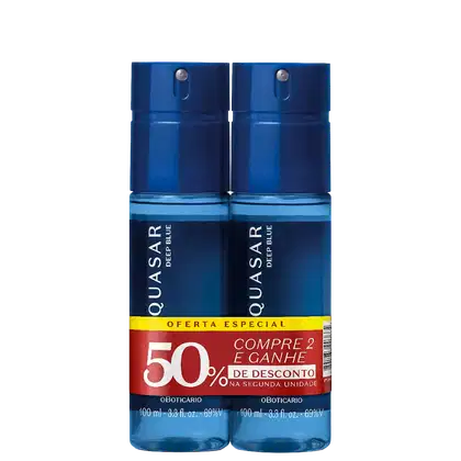 Dois frascos azuis da marca Quasar Deep Blue, com 100 ml cada, em oferta especial de compre 2 e ganhe 50% de desconto na segunda unidade.