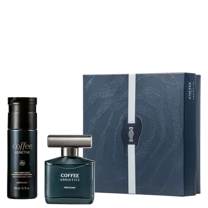 Caixa cinza com padrão ondulado contendo frasco de item de perfumaria da marca Coffee Addictive e bisnaga de loção hidratante corporal da mesma linha, ambos em tons escuros.