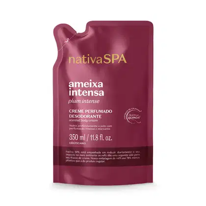 Embalagem de refil de creme perfumado desodorante da marca Nativa SPA, na cor vinho, com texto em dourado indicando "ameixa intensa" e "plum intense".