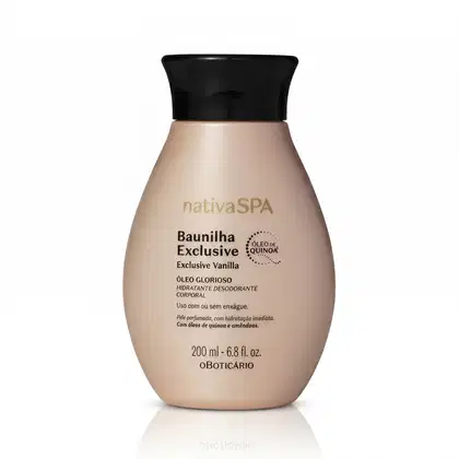 Frasco de item de cuidados com o corpo da marca Nativa SPA Baunilha Exclusive, com embalagem rosa clara e tampa preta, contendo texto "Baunilha Exclusive" e "Óleo Glorioso Hidratante Desodorante Corporal" também em preto.