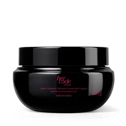 Pote preto de creme hidratante corporal da marca Her Code, com rótulo na cor rosa, contendo 200 g do produto.