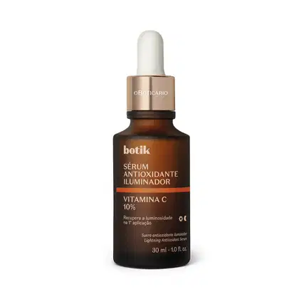 Frasco de vidro âmbar com conta-gotas branco e tampa dourada, contendo sérum antioxidante iluminador de vitamina C 10% da marca Botik.