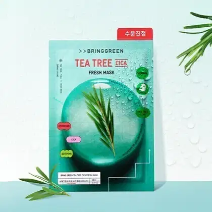 Máscara facial Bringgreen Fresh Mask Tea Tree Cica, em embalagem verde com gotas d'água, destacando os benefícios de hidratação e calmante