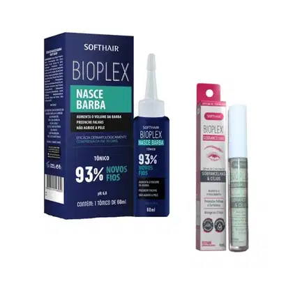 Caixa azul e frasco de tônico Bioplex da Soft Hair para crescimento da barba, com promessa de 93% de novos fios. Também há um tubo de creme para sobrancelhas e cílios da mesma marca.