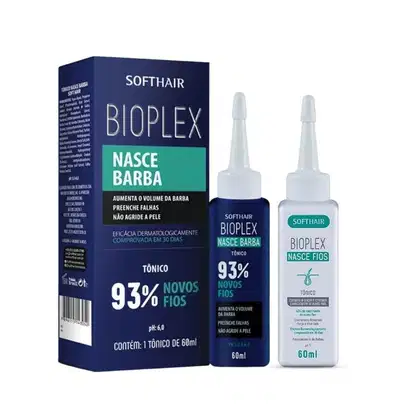Produtos "Softhair Bioplex" contendo dois frascos brancos com rótulos "Nasce Barba" e "Nasce Fios". Os frascos apresentam informações sobre o aumento do volume da barba e dos fios, além de eficácia dermatologicamente comprovada em 30 dias.