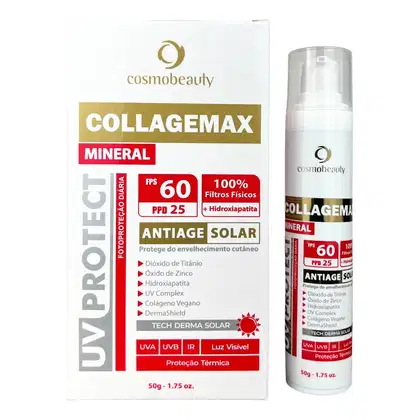 O produto Cosmobeauty Collagemax Mineral é um protetor solar em embalagem de frasco branco e dourado, com informações sobre os filtros solares e propriedades antienvelhecimento.