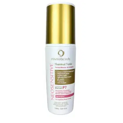 Frasco branco e dourado de Tônico Térmico da marca Cosmobeauty, com rótulo destacando o nome do produto e informações sobre sua função de limpeza e hidratação da pele.