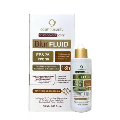 Frasco de 50ml de Blur Fluid da linha Cosmoblock Color da Cosmobeauty, com proteção solar FPS 75 e PPD 30. Embalagem branca e dourada com informações sobre os benefícios do produto.