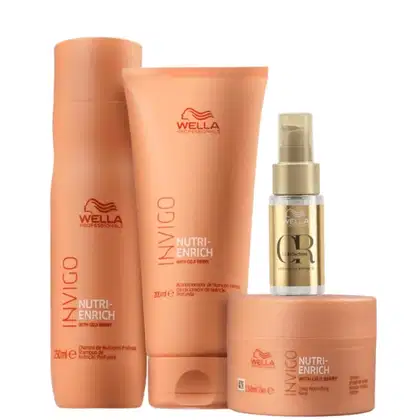 Kit com shampoo, condicionador e máscara Nutri-Enrich, além de um óleo capilar Oil Reflections, da marca Wella Professionals.