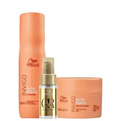 Kit com shampoo e máscara Nutri-Enrich, além de um óleo capilar Oil Reflections, da marca Wella Professionals.
