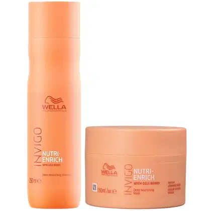 Kit com shampoo e máscara Nutri-Enrich, da marca Wella Professionals.