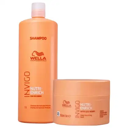 Kit com shampoo e máscara Nutri-Enrich, da marca Wella Professionals.