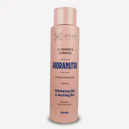 Frasco rosa de 500ml do condicionador Hidranutri da marca In Voga, com rótulo destacando os benefícios de hidratação e nutrição para os cabelos, além de mencionar que o produto é vegano.