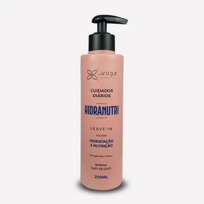 Frasco de leave-in Hidronutri da marca In Voga, com 230ml, em embalagem rosa e preta, com rótulo destacando os benefícios de hidratação e nutrição para os cabelos.