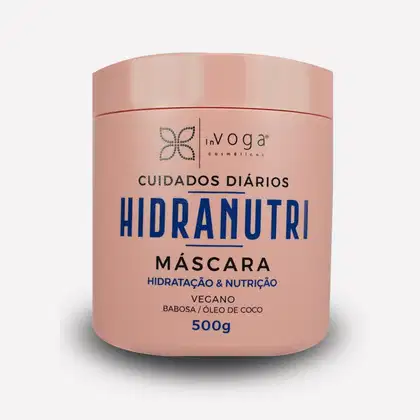 Embalagem rosa da marca In Voga, contendo 500g de máscara capilar Hidranutri, com ingredientes veganos como babosa e óleo de coco, para hidratação e nutrição dos cabelos.