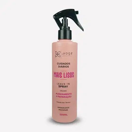 Frasco rosa com rótulo "Mais Lisos" da marca In Voga, contendo um leave-in spray para alinhamento e reparação dos cabelos, com proteção solar e térmica, com 230ml de volume.