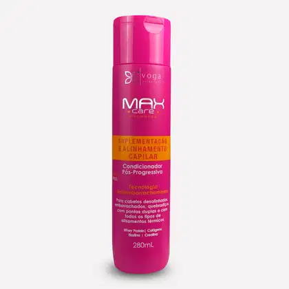 Frasco rosa de condicionador pós-progressivo da linha Max Care da Voga, com tecnologia antiemborrachamento e ingredientes como whey protein, colágeno, biotina e creatina, para cabelos desalinhados, emborrachados e quebradiços.