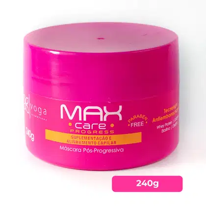 Máscara pós-progressiva da linha Max Care Progress, em embalagem rosa brilhante com 240g, contendo informações sobre suplementação e alinhamento capilar.