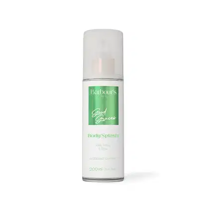 Frasco de corpo Barbour's Beauty Good Graces, com design minimalista em branco e verde, contendo 200ml de produto. O rótulo destaca o nome da linha "Good Graces" e a descrição "Body Splash".