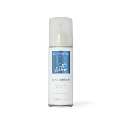 Frasco branco de 200ml da linha Soft Breeze da Barbour's Beauty, com rótulo azul contendo o nome "Body Splash" e informações sobre os ingredientes Limão Siciliano e Âmbar.