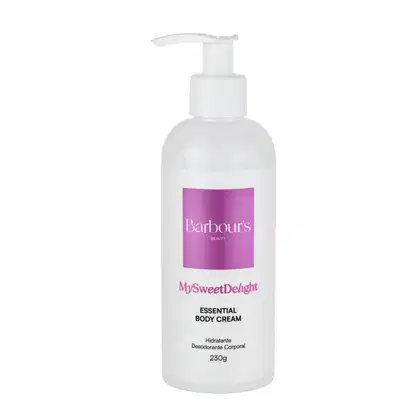 Frasco branco com bomba doseadora contendo creme corporal da linha "My Sweet Delight" da marca Barbour's Beauty, com rótulo roxo destacando o nome do produto.