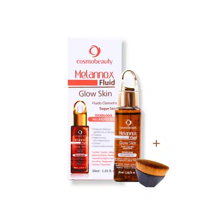 Sérum Melannox Fluid Glow Skin, da marca Cosmobeauty. Acompanha também pincel aplicador.