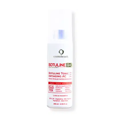 Tônico facial da linha Botuline da marca Cosmobeauty. A embalagem é um frasco branco com rótulo vermelho e verde, contendo 200 ml do produto. O rótulo indica propriedades de ação demaquilante, purificante, nutritiva, protetora e hidratante.