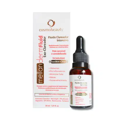 Fluido clareador intensivo Cosmobeauty em frasco de 30 ml com rótulo destacando tecnologia ExoSkin-Clear, indicado para pele sensível e sensibilizada, com ação antimarcas e antienvelhecimento.