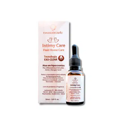 O produto é um frasco de 30 ml da linha Intimy Care da Cosmobeauty, com tecnologia EXO-CLEAR. A embalagem é branca com detalhes em laranja, destacando os benefícios do produto para o cuidado íntimo.