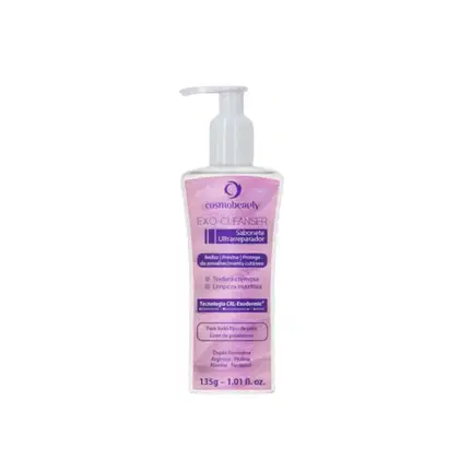 Frasco de sabonete líquido Exo Cleanser da marca Cosmobeauty, com textura cremosa e limpeza nutritiva. Embalagem com bomba doseadora, em tons de rosa e roxo, com informações sobre a tecnologia CHL-Exodermik.
