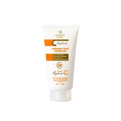 Tubo branco com rótulo laranja e dourado da linha Hydrat da Cosmobeauty antiOxC, contendo hidratante facial concentrado com vitamina C e antioxidantes.