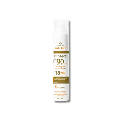 Protetor solar antioxidante Antiox-C Protect FPS 90, embalagem branca com detalhes dourados, contém informações sobre a proteção solar e propriedades antioxidantes.