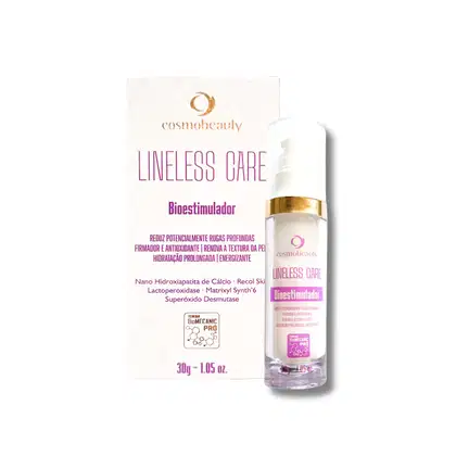 Frasco de 30g do produto Lineless Care Bioestimulador da marca Cosmobeauty, com rótulo em tons de roxo e dourado, apresentando informações sobre os ingredientes e benefícios do produto.