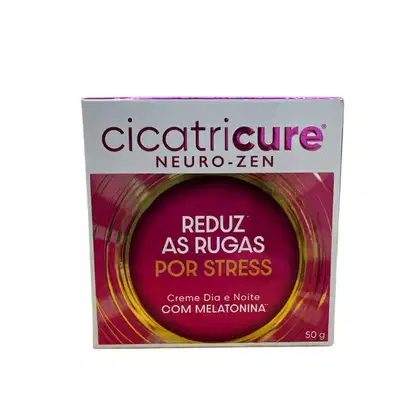 Caixa de creme Cicatricure Neuro-Zen com 50g, com design em tons de vermelho e amarelo, destacando a promessa de "Reduz as Rugas por Stress" e a presença de melatonina na fórmula.