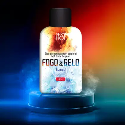 Óleo para massagem corporal da linha "Sexy Hot", com a denominação "Fogo & Gelo" e sabor "Eucalyptus". A embalagem é um frasco plástico preto com rótulo branco e vermelho, contendo 38ml do produto.
