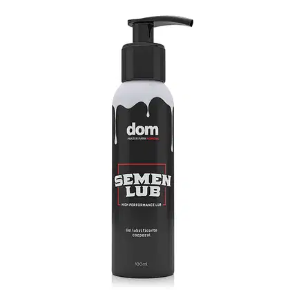 O produto apresentado é um gel lubrificante corporal da marca Dom, com o nome "Semen Lub" impresso no rótulo. A embalagem é um frasco preto com uma bomba doseadora preta. O rótulo possui um design minimalista, com o nome da marca e do produto em destaque.