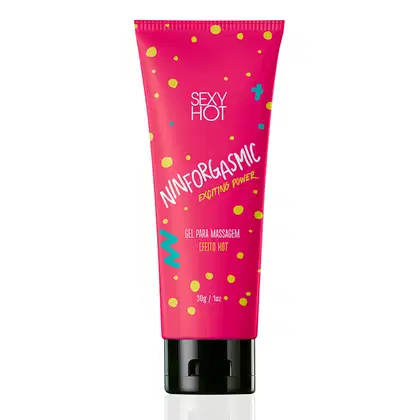 Gel para massagem da marca Sexy Hot. A embalagem é um tubo rosa com bolinhas amarelas e azuis espalhadas por toda a superfície. O texto "Exciting Power" também é exibido, indicando que este é um produto com efeito estimulante. Contém 30g.
