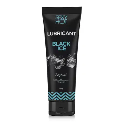 Lubrificante da marca Sexy Hot, com o nome "Black Ice" impresso na embalagem. A embalagem é um tubo preto com detalhes em azul-turquesa, contendo 60g do produto. O rótulo destaca o nome da marca "Sexy Hot" e a palavra "Lubricant" em letras brancas.
