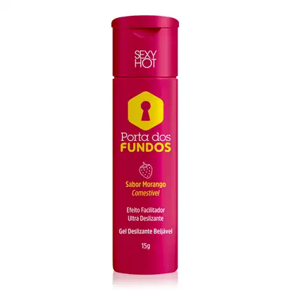 Gel deslizante com sabor de morango, da marca Porta dos Fundos, com a indicação "Sexy Hot" na embalagem. O texto na embalagem descreve o produto como um "Efeito Facilitador Ultra Deslizante" e "Gel Deslizante Beijável".