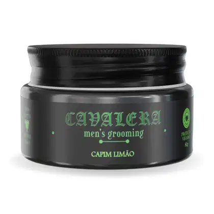 Pote preto de produto de beleza masculina da marca Cavalera, com rótulo verde destacando o nome "Capim Limão" e a descrição "men's grooming".