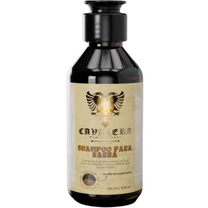 Frasco preto de shampoo para barba da marca Cavalera, com rótulo bege e ilustração de uma águia. O produto é descrito como fortalecedor, hidratante e higienizador para a barba.